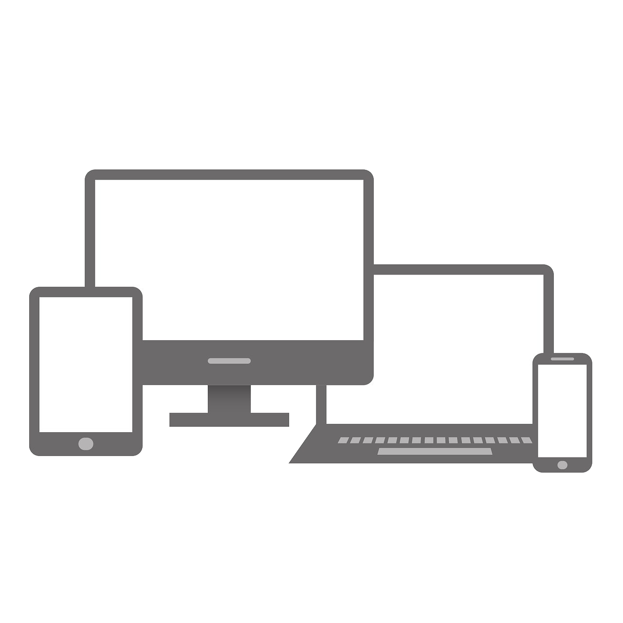 A graphic showing a desktop computer, a laptop, a tablet, and a smartphone, all with blank screens, representing various electronic devices.